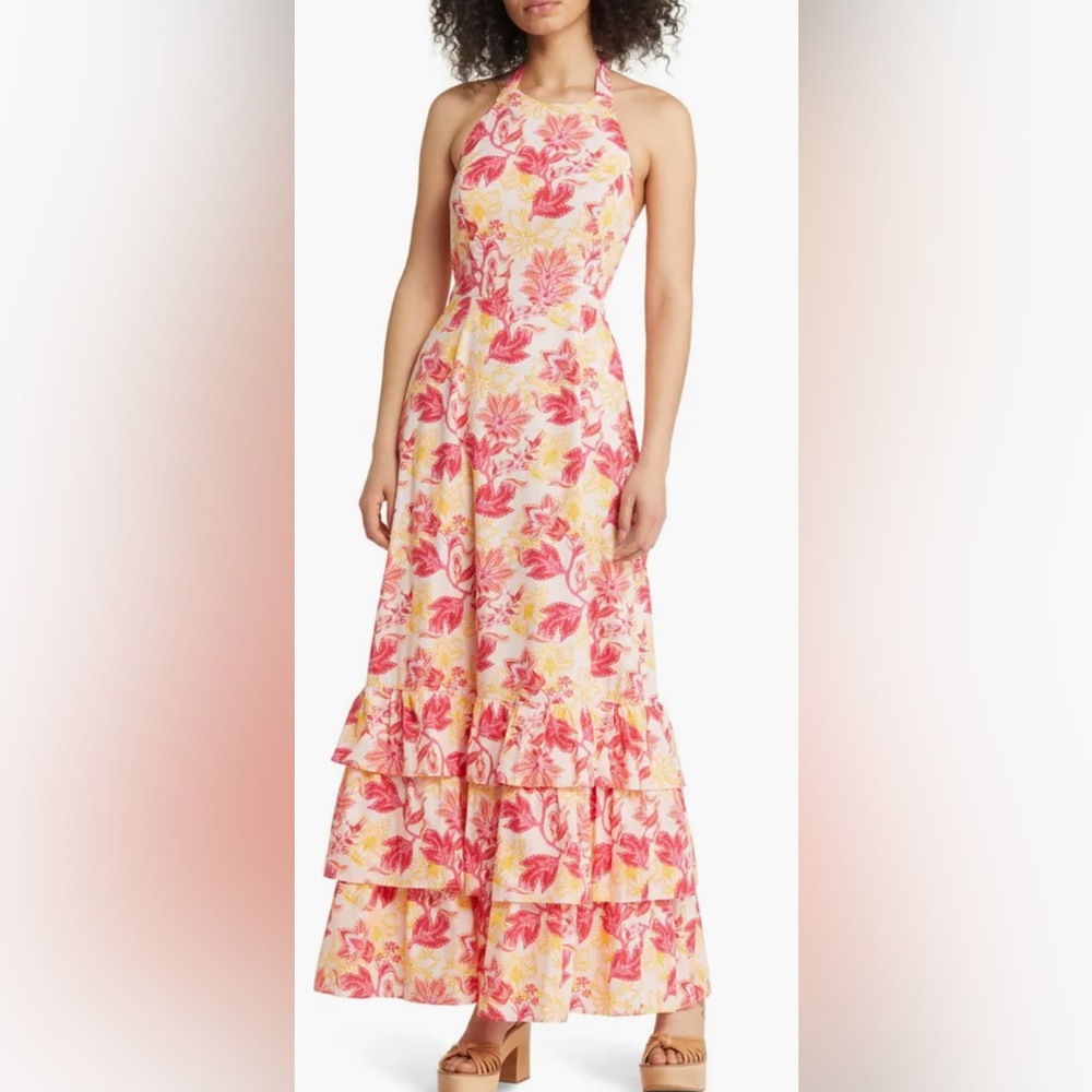 DU PARADIS FLORAL TIERED COTTON HALTER DRESS